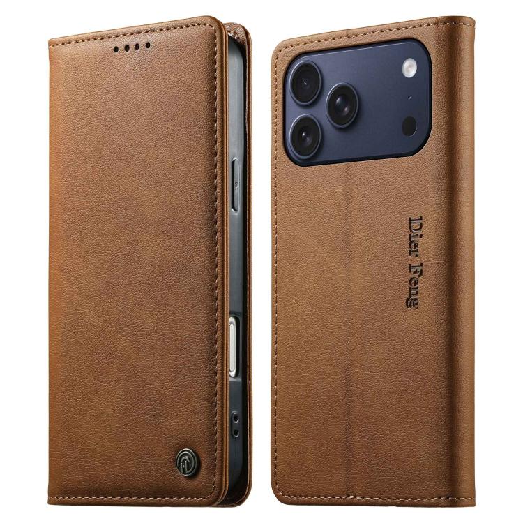 For iPhone 17 Pro Dierfeng Metal Snap Magnetic RFID Vegan Leather Phone Case(Light Brown)