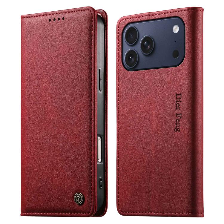 For iPhone 17 Pro Dierfeng Metal Snap Magnetic RFID Vegan Leather Phone Case(Red)