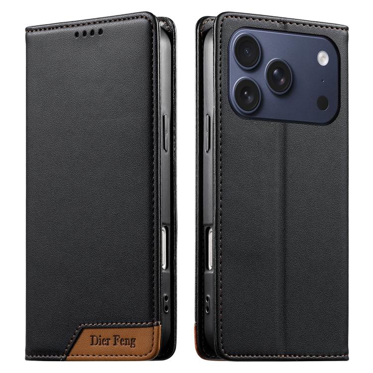 For iPhone 17 Pro Dierfeng Splicing Strong Magnetic RFID Vegan Leather Phone Case(Black)