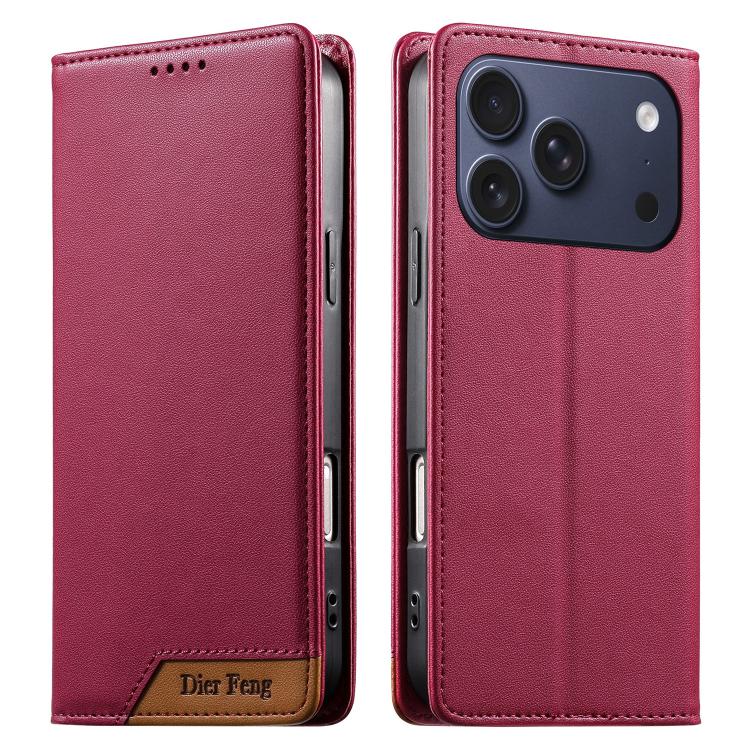 For iPhone 17 Pro Dierfeng Splicing Strong Magnetic RFID Vegan Leather Phone Case(Red)