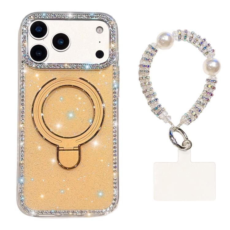 For iPhone 17 Pro Double-Sided IMD Rhinestone Magnetic Holder Shockproof Phone Case With Bracelet(Glitter Light Yellow)