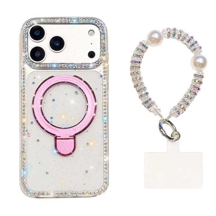 For iPhone 17 Pro Double-Sided IMD Rhinestone Magnetic Holder Shockproof Phone Case With Bracelet(Glitter Little Star)