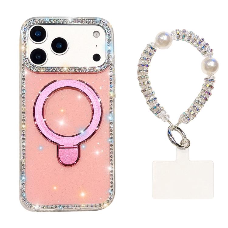 For iPhone 17 Pro Double-Sided IMD Rhinestone Magnetic Holder Shockproof Phone Case With Bracelet(Glitter Pink)