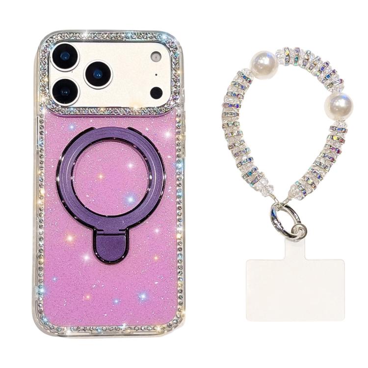 For iPhone 17 Pro Double-Sided IMD Rhinestone Magnetic Holder Shockproof Phone Case With Bracelet(Glitter Purple)
