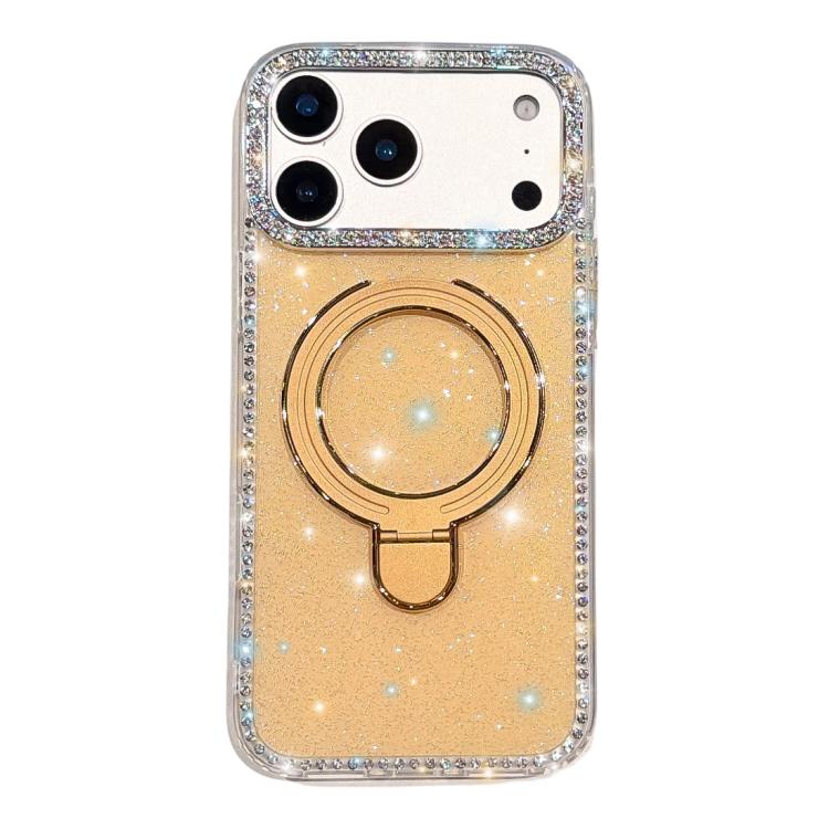 For iPhone 17 Pro Double-Sided IMD Rhinestone Magnetic Holder Shockproof Phone Case(Glitter Light Yellow)