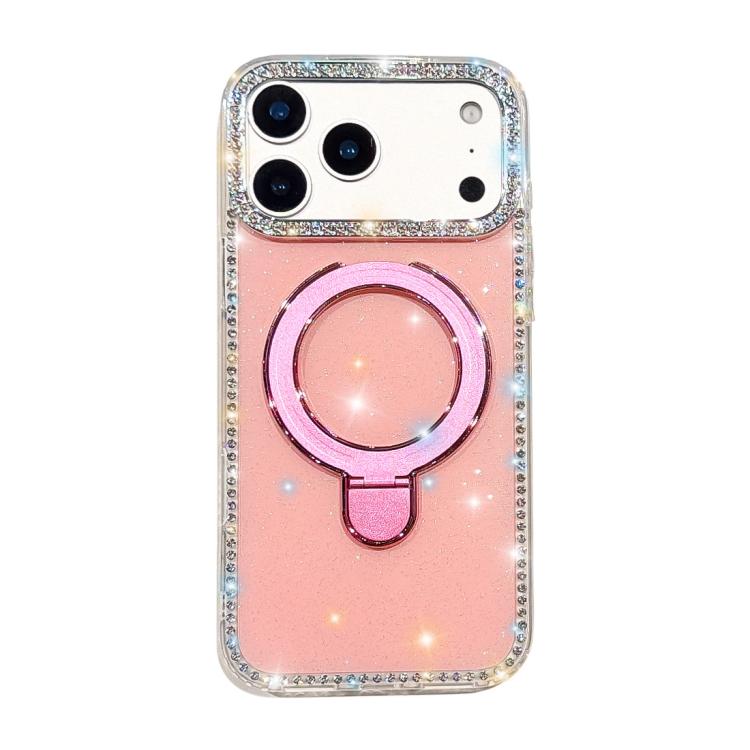 For iPhone 17 Pro Double-Sided IMD Rhinestone Magnetic Holder Shockproof Phone Case(Glitter Pink)