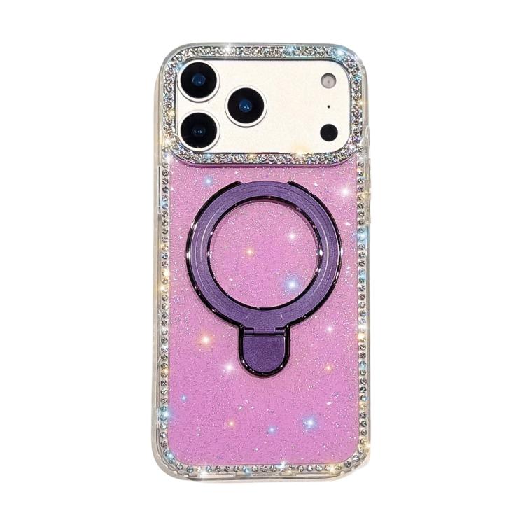 For iPhone 17 Pro Double-Sided IMD Rhinestone Magnetic Holder Shockproof Phone Case(Glitter Purple)