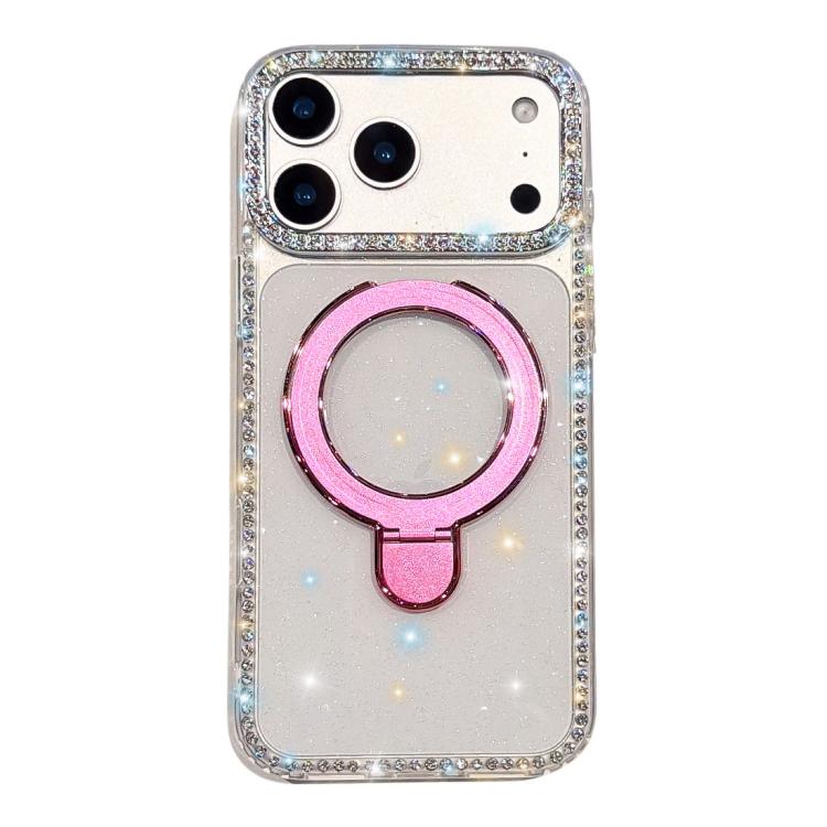 For iPhone 17 Pro Double-Sided IMD Rhinestone Magnetic Holder Shockproof Phone Case(Transparent Glitter)