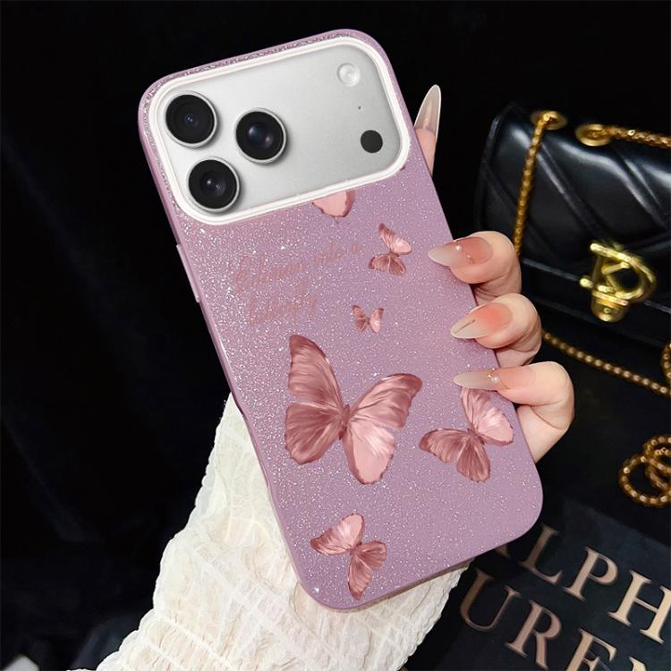 For iPhone 17 Pro Dreamy Butterflies Pattern IMD Glitter PC Hybrid TPU Phone Case(Purple)