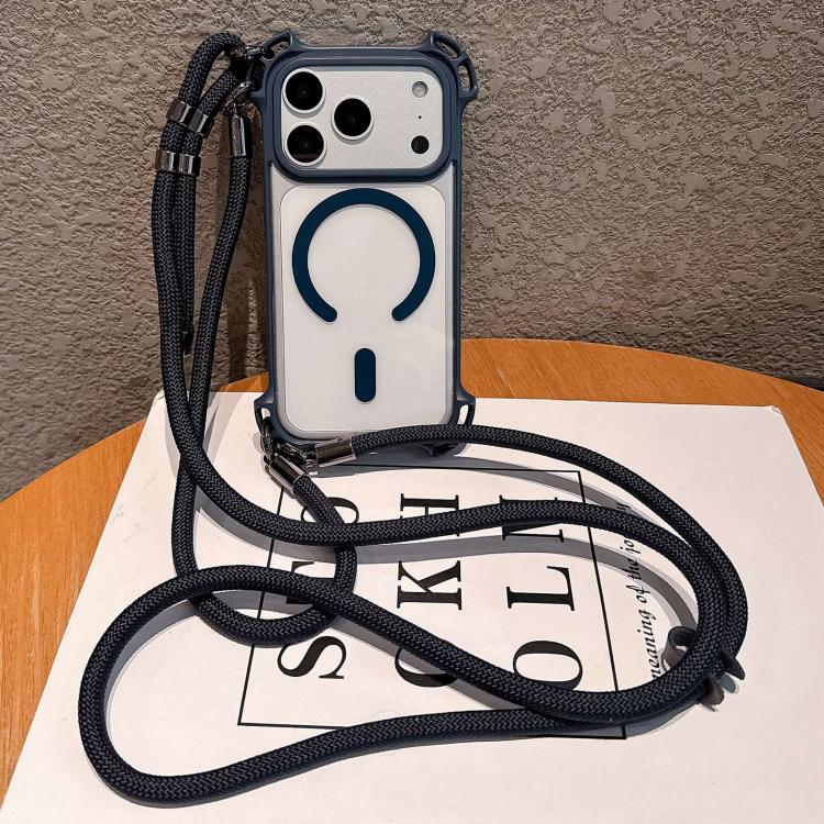For iPhone 17 Pro Drone-Style Four-Corner Shockproof Magnetic Acrylic Phone Case with Long and Short Lanyard(Blue)