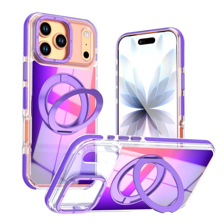 For iPhone 17 Pro Dual Color Gradient Discolor 360 Degree Rotation Holder Magnetic Phone Case(Purple)