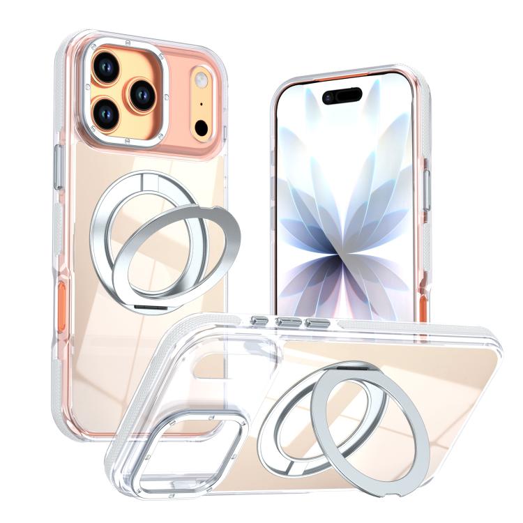For iPhone 17 Pro Dual Color Gradient Discolor 360 Degree Rotation Holder Magnetic Phone Case(White)