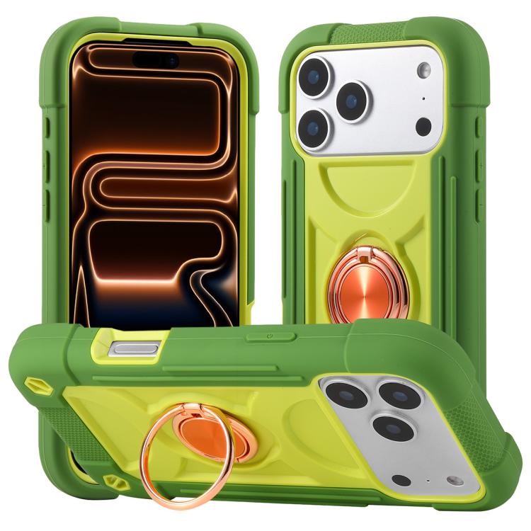 For iPhone 17 Pro Dual Ring 360 Degree Rotation Holder PC Hybrid Silicone Phone Case(Avocado Color)