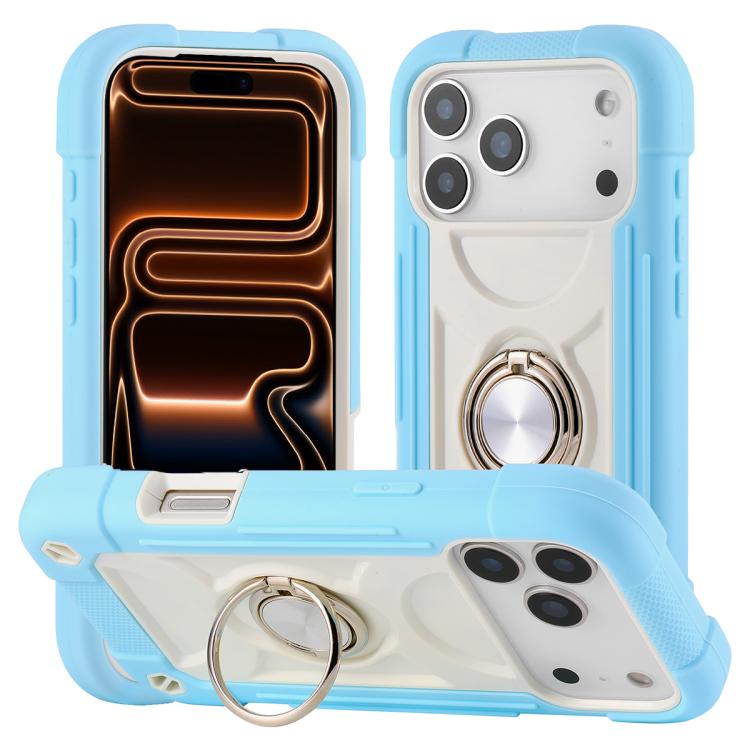 For iPhone 17 Pro Dual Ring 360 Degree Rotation Holder PC Hybrid Silicone Phone Case(Ice Crystal Blue)