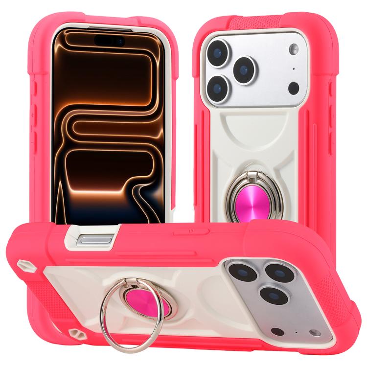For iPhone 17 Pro Dual Ring 360 Degree Rotation Holder PC Hybrid Silicone Phone Case(Rose Red)