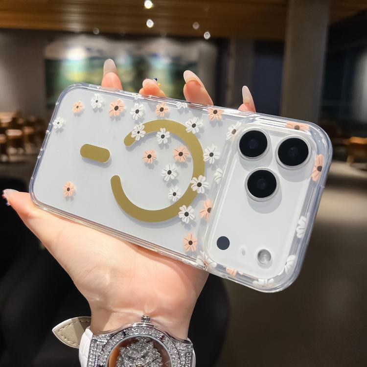 For iPhone 17 Pro Dual-side Laminating IMD MagSafe Phone Case(Pink and White Daisy)