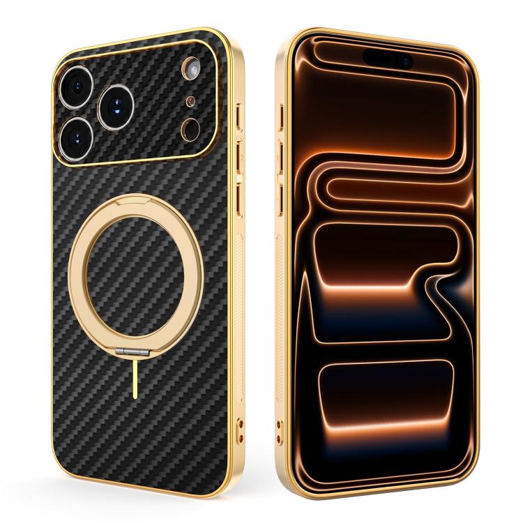 For iPhone 17 Pro Electroplated Carbon Fiber Texture 360 Degree Rotation Holder Phone Case(Black)