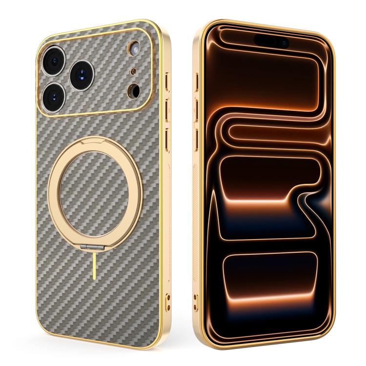 For iPhone 17 Pro Electroplated Carbon Fiber Texture 360 Degree Rotation Holder Phone Case(Gray)