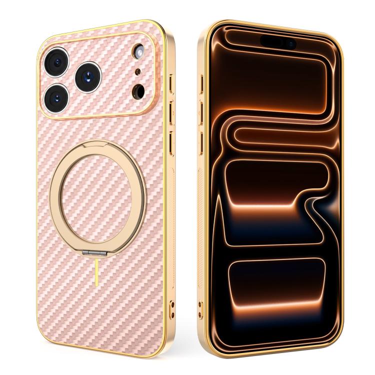 For iPhone 17 Pro Electroplated Carbon Fiber Texture 360 Degree Rotation Holder Phone Case(Pink)