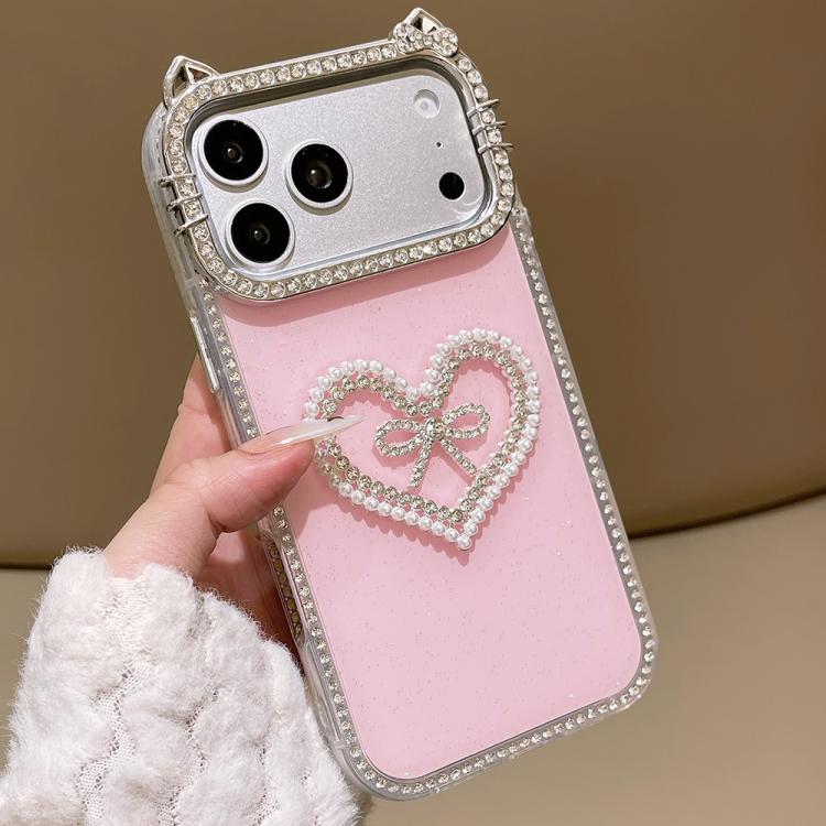 For iPhone 17 Pro Electroplated Cat Ear Dual Side Rhinestones Glitter IMD Phone Case(Pink)