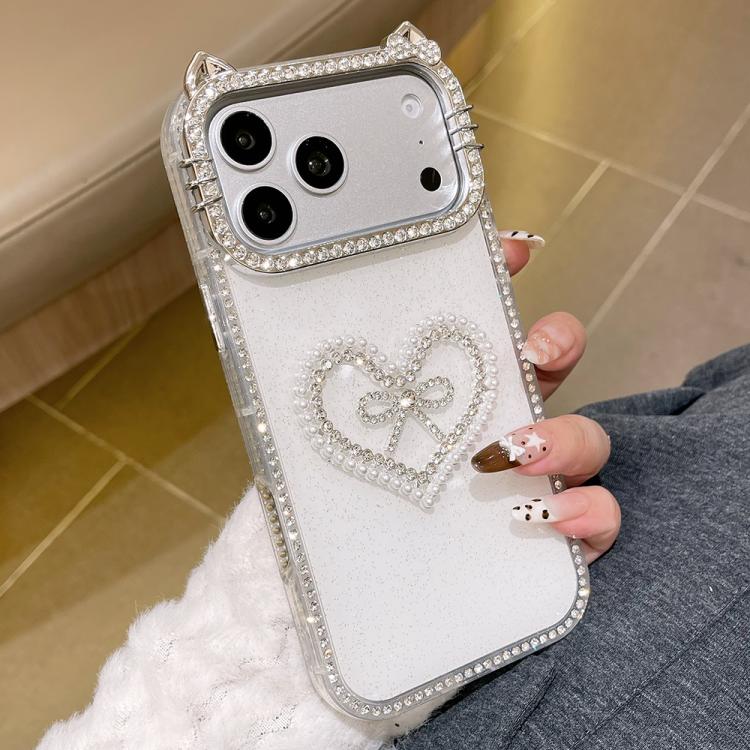 For iPhone 17 Pro Electroplated Cat Ear Dual Side Rhinestones Glitter IMD Phone Case(White)