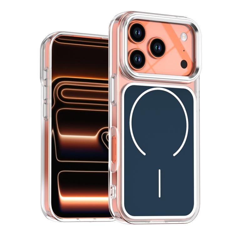 For iPhone 17 Pro Electroplated Dual Color PC Hybrid TPU Soft Frame MagSafe Phone Case(Blue)