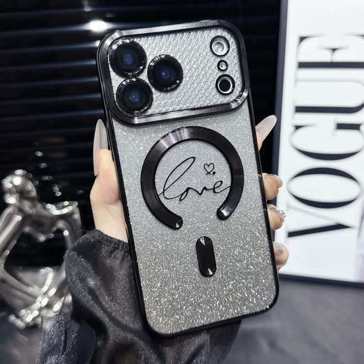 For iPhone 17 Pro Electroplated Dual-Loves Gradient Glitter MagSafe TPU Phone Case(Black)
