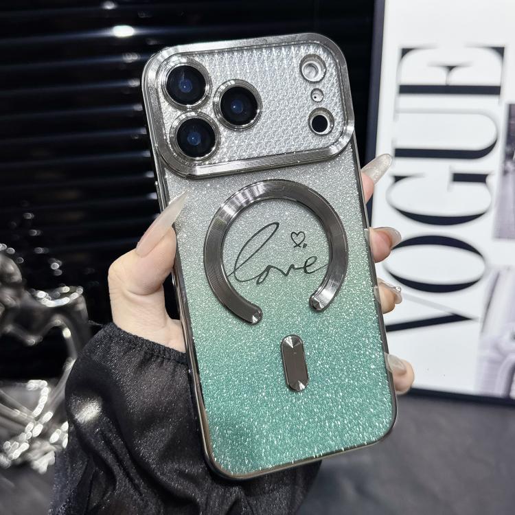 For iPhone 17 Pro Electroplated Dual-Loves Gradient Glitter MagSafe TPU Phone Case(Green)