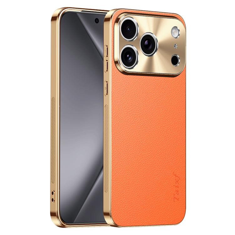 For iPhone 17 Pro Electroplated Frame Litchi Texture PC + TPU Vegan Leather Phone Case(Orange)