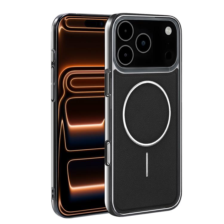For iPhone 17 Pro Electroplated Frame Vegan Leather Magnetic Shockproof Phone Case(Black)