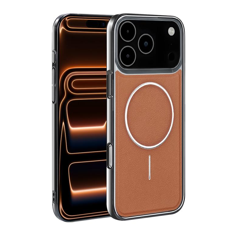 For iPhone 17 Pro Electroplated Frame Vegan Leather Magnetic Shockproof Phone Case(Brown)