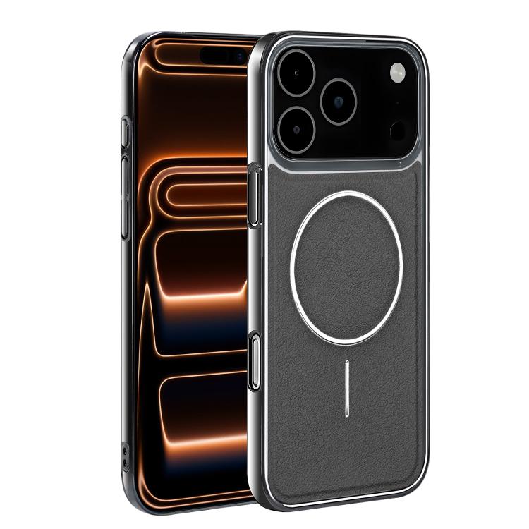 For iPhone 17 Pro Electroplated Frame Vegan Leather Magnetic Shockproof Phone Case(Gray)