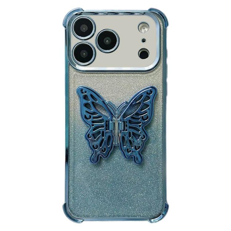 For iPhone 17 Pro Electroplated Glitter 3D Butterfly Four-corner Shockproof TPU Phone Case(Gradient Blue)