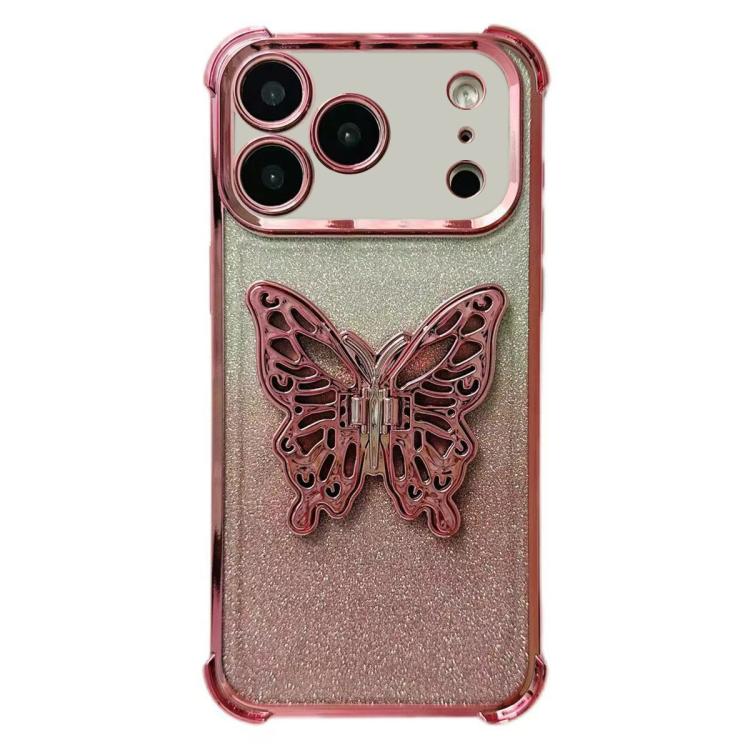 For iPhone 17 Pro Electroplated Glitter 3D Butterfly Four-corner Shockproof TPU Phone Case(Gradient Pink)