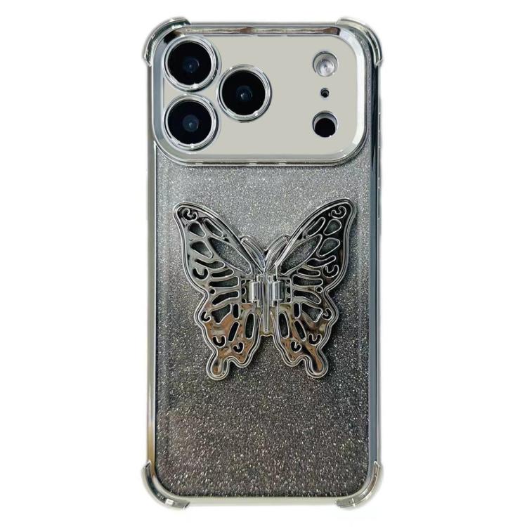 For iPhone 17 Pro Electroplated Glitter 3D Butterfly Four-corner Shockproof TPU Phone Case(Gradient Silver)