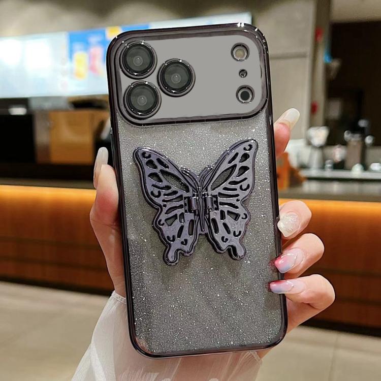 For iPhone 17 Pro Electroplated Gradient Glitter 3D Butterfly TPU Phone Case(Gradient Black)