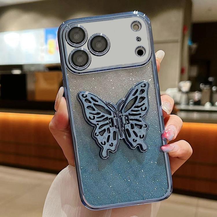 For iPhone 17 Pro Electroplated Gradient Glitter 3D Butterfly TPU Phone Case(Gradient Blue)