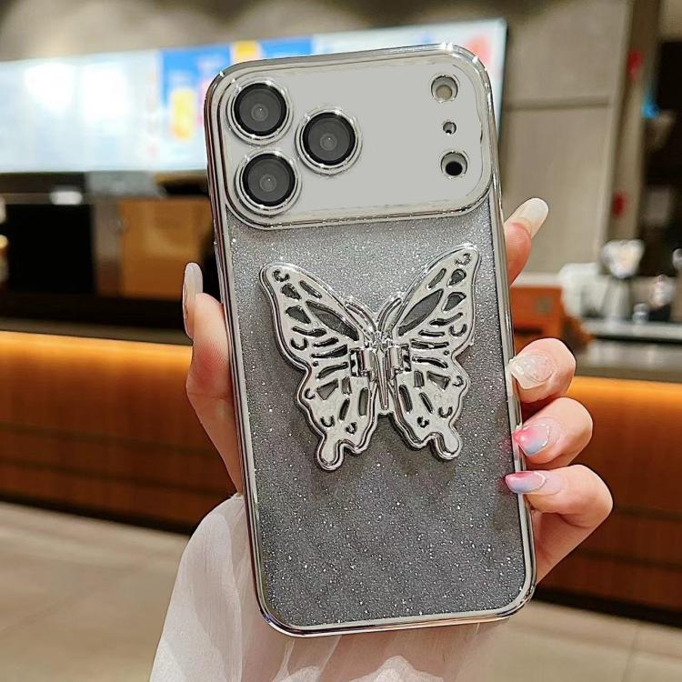 For iPhone 17 Pro Electroplated Gradient Glitter 3D Butterfly TPU Phone Case(Gradient Silver)