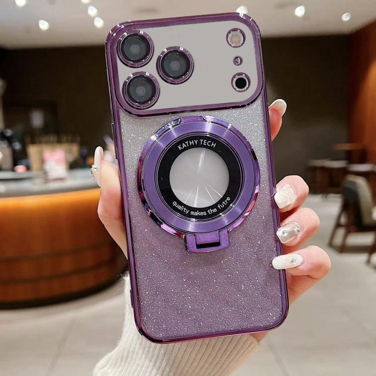 For iPhone 17 Pro Electroplated Holder Gradient Glitter MagSafe Phone Case(Purple)