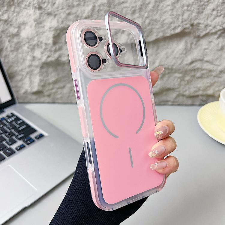 For iPhone 17 Pro Electroplated Lens Holder MagSafe PC Hybrid TPU Phone Case(Pink)