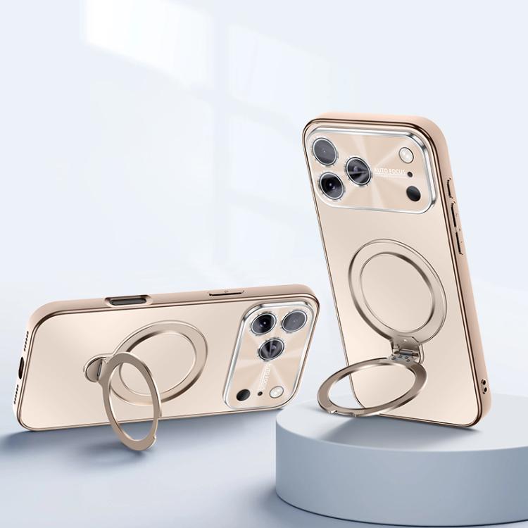 For iPhone 17 Pro Electroplated Matte Fulcrum Magnetic Holder Phone Case(Glazed Gold)