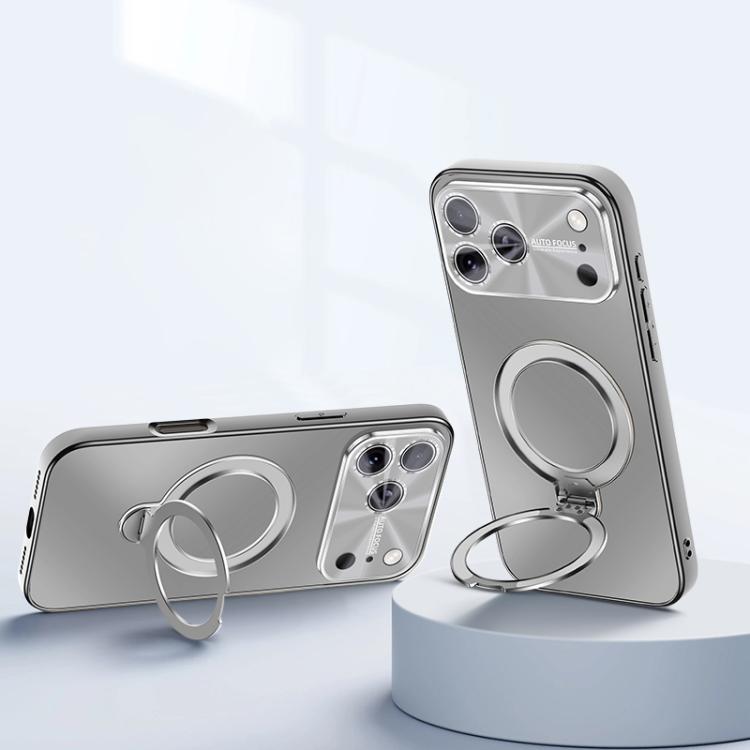 For iPhone 17 Pro Electroplated Matte Fulcrum Magnetic Holder Phone Case(Glazed Gray)
