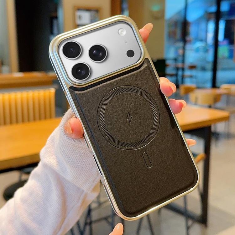 For iPhone 17 Pro Electroplated PC Side Vegan Leather-Texture MagSafe Phone Case(Black)