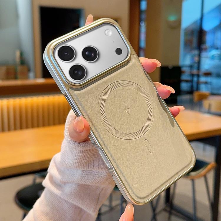 For iPhone 17 Pro Electroplated PC Side Vegan Leather-Texture MagSafe Phone Case(Grey)