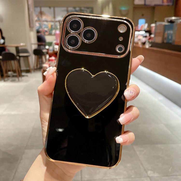 For iPhone 17 Pro Electroplating Love Heart Holder TPU Phone Case(Black)