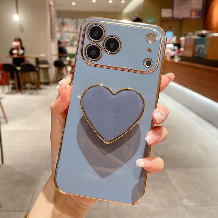 For iPhone 17 Pro Electroplating Love Heart Holder TPU Phone Case(Blue)