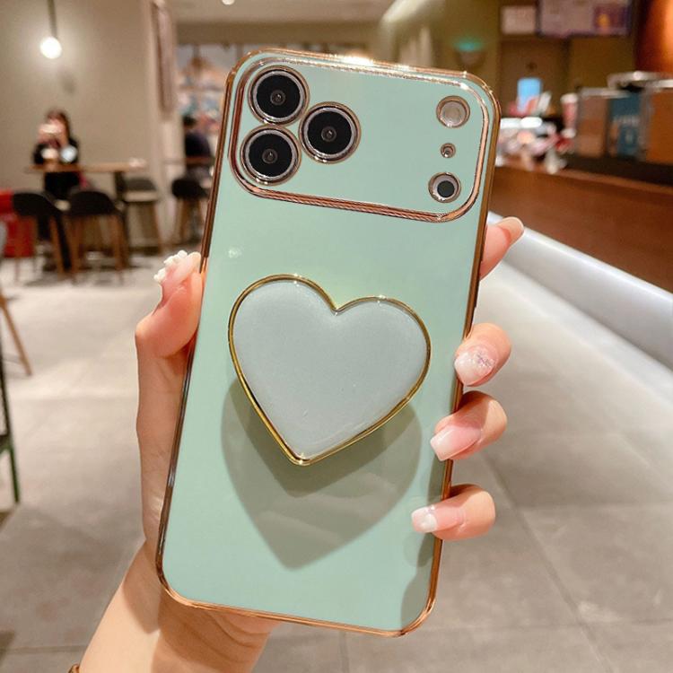 For iPhone 17 Pro Electroplating Love Heart Holder TPU Phone Case(Green)