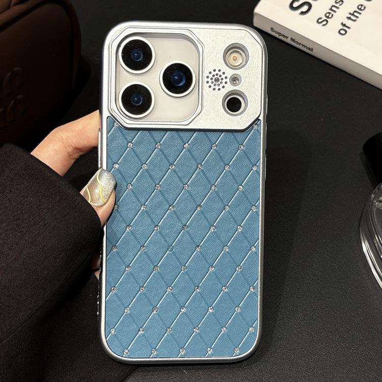 For iPhone 17 Pro Electroplating PC Grid Texture Vegan Leather Phone Case(Blue)