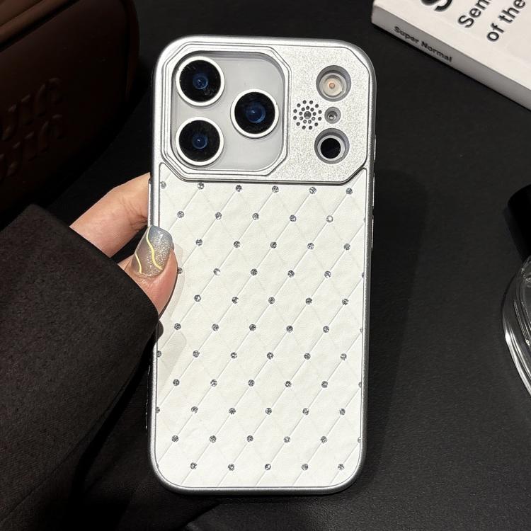 For iPhone 17 Pro Electroplating PC Grid Texture Vegan Leather Phone Case(White)