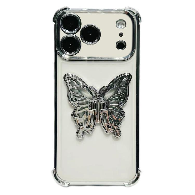 For iPhone 17 Pro Electrpolated 3D Butterfly Holder TPU Phone Case(Silver)